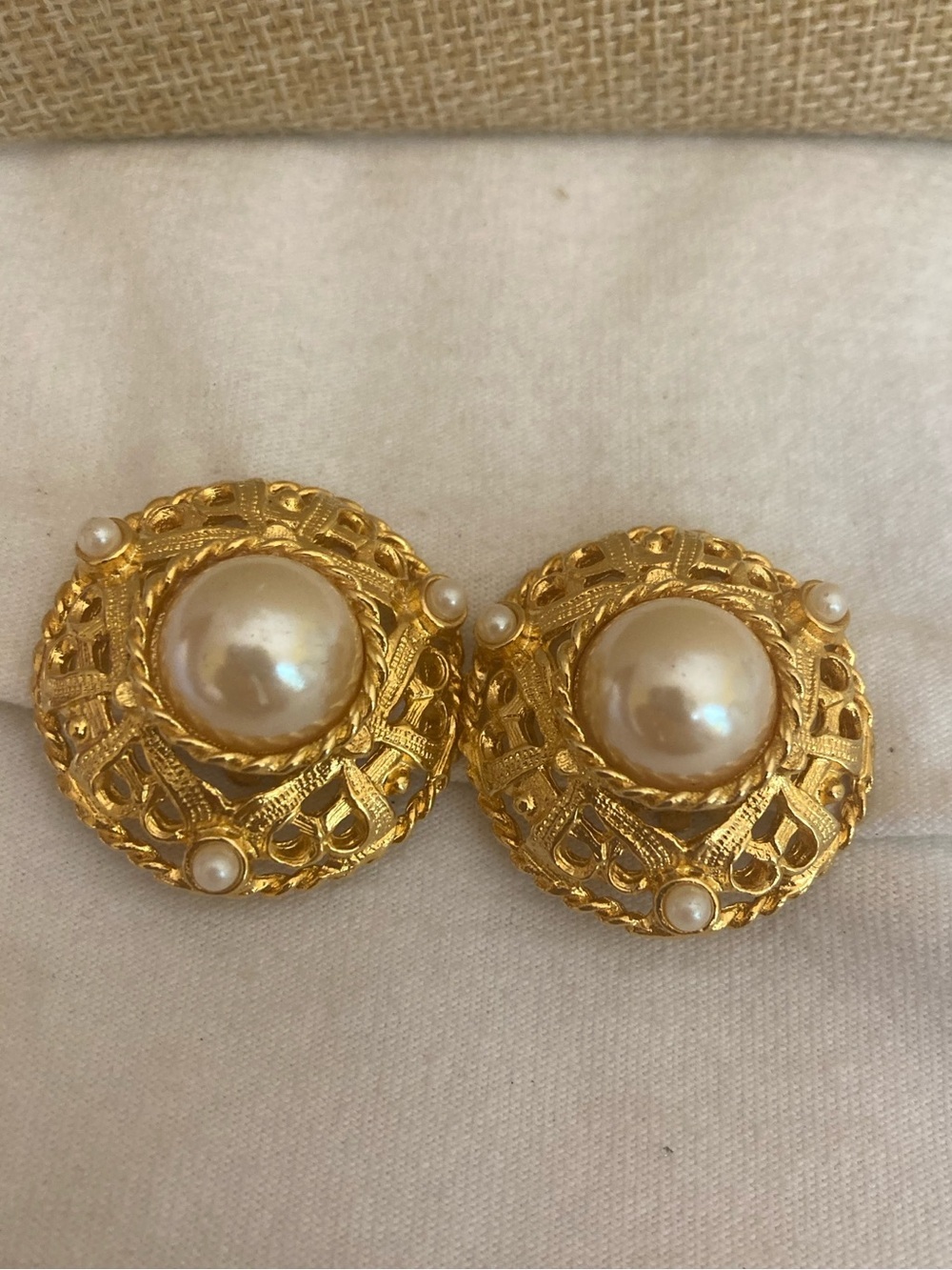 Ivana Signed Vintage Intricate Clip on Earrings with Faux Pearls